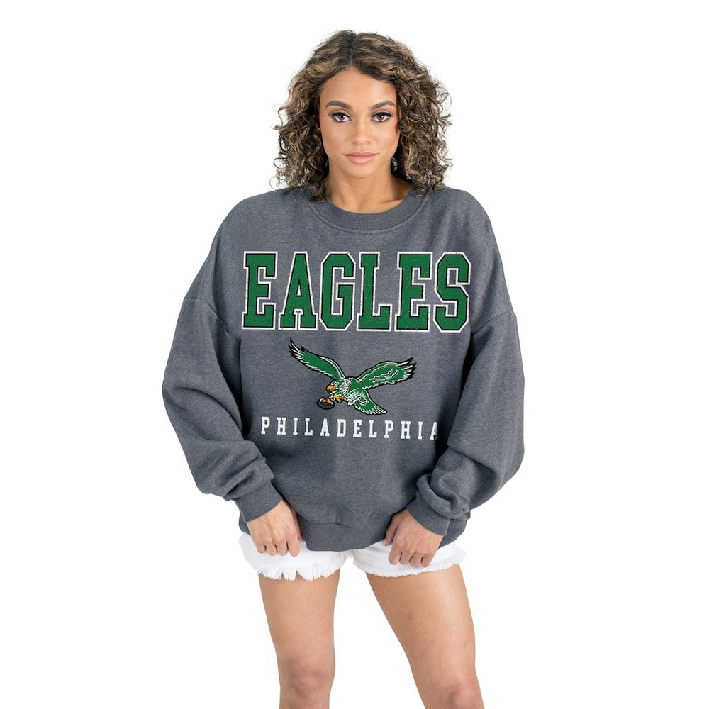 Philadelphia Eagles Gameday Couture Women's Bring Your Energy Oversized Premium Fleece Pullover Sweatshirt Charcoal - NFL
