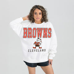 Cleveland Browns Gameday Couture Women's Classic Sunday Drives Oversized Premium Fleece Pullover Sweatshirt White - NFL
