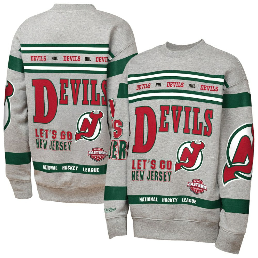 New Jersey Devils - Mitchell & Ness Youth Allover Print Fleece Crewneck Sweatshirt Heather Gray