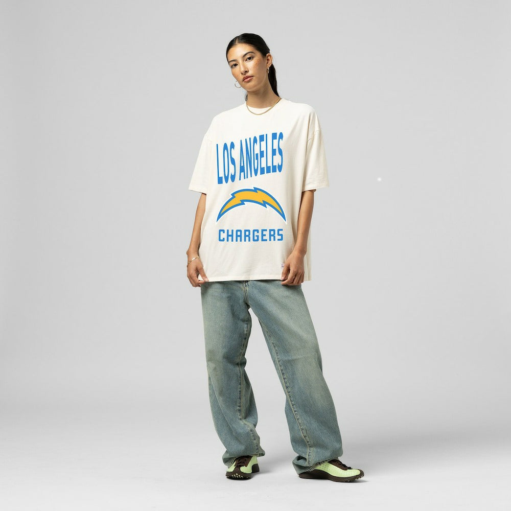 Los Angeles Chargers Women's Logo Rise Boyfriend T-Shirt Cream - Mitchell & Ness