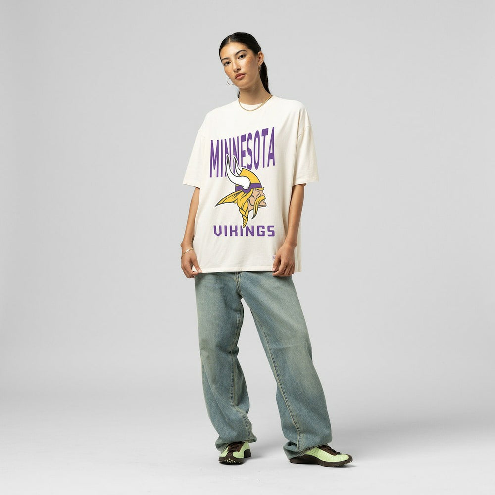 Minnesota Vikings Women's Logo Rise Boyfriend T-Shirt Cream - Mitchell & Ness
