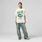 New York Jets Women's Logo Rise Boyfriend T-Shirt Cream - Mitchell & Ness
