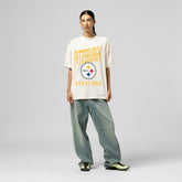 Pittsburgh Steelers Women's Logo Rise Boyfriend T-Shirt Cream - Mitchell & Ness