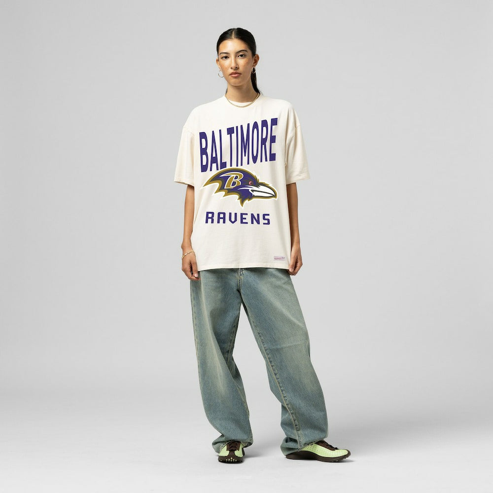 Baltimore Ravens Women's Logo Rise Boyfriend T-Shirt Cream - Mitchell & Ness