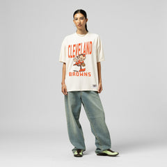Cleveland Browns Women's Logo Rise Boyfriend T-Shirt Cream - Mitchell & Ness