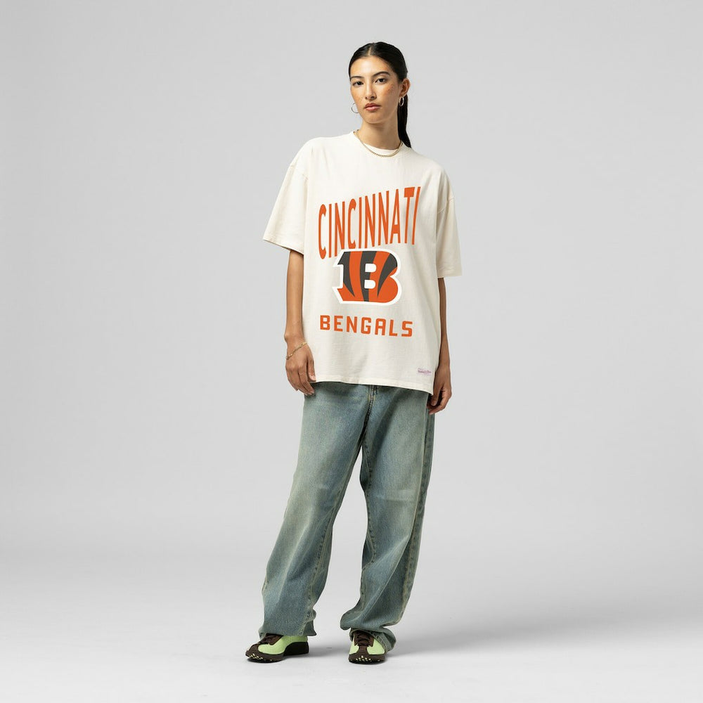 Cincinnati Bengals Women's Logo Rise Boyfriend T-Shirt Cream - Mitchell & Ness