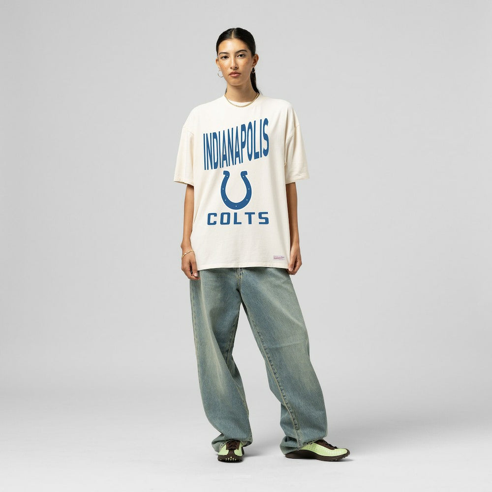 Indianapolis Colts Women's Logo Rise Boyfriend T-Shirt Cream - Mitchell & Ness