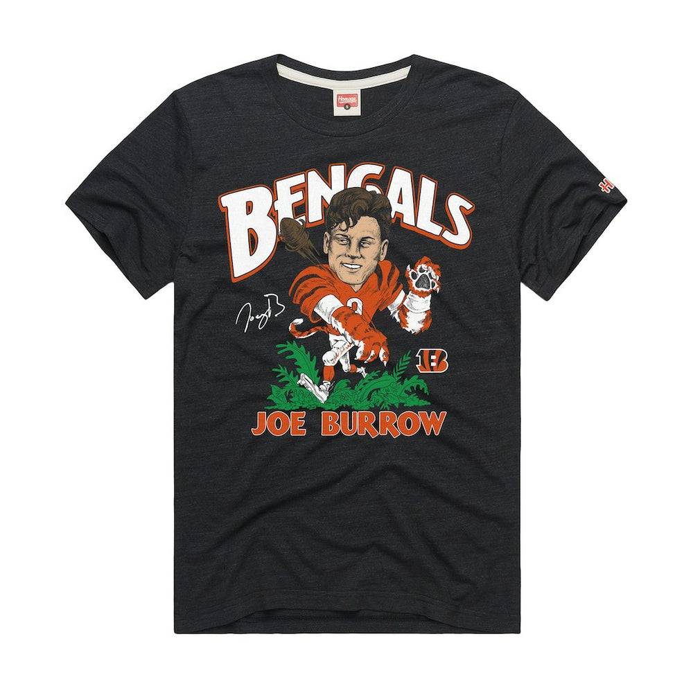 Joe Burrow Cincinnati Bengals Homage Unisex Caricature Player Graphic Tri-Blend T-Shirt Charcoal - NFL