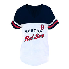 Boston Red Sox Profile Women's Plus Size Two-Stripe V-Neck T-Shirt for sale