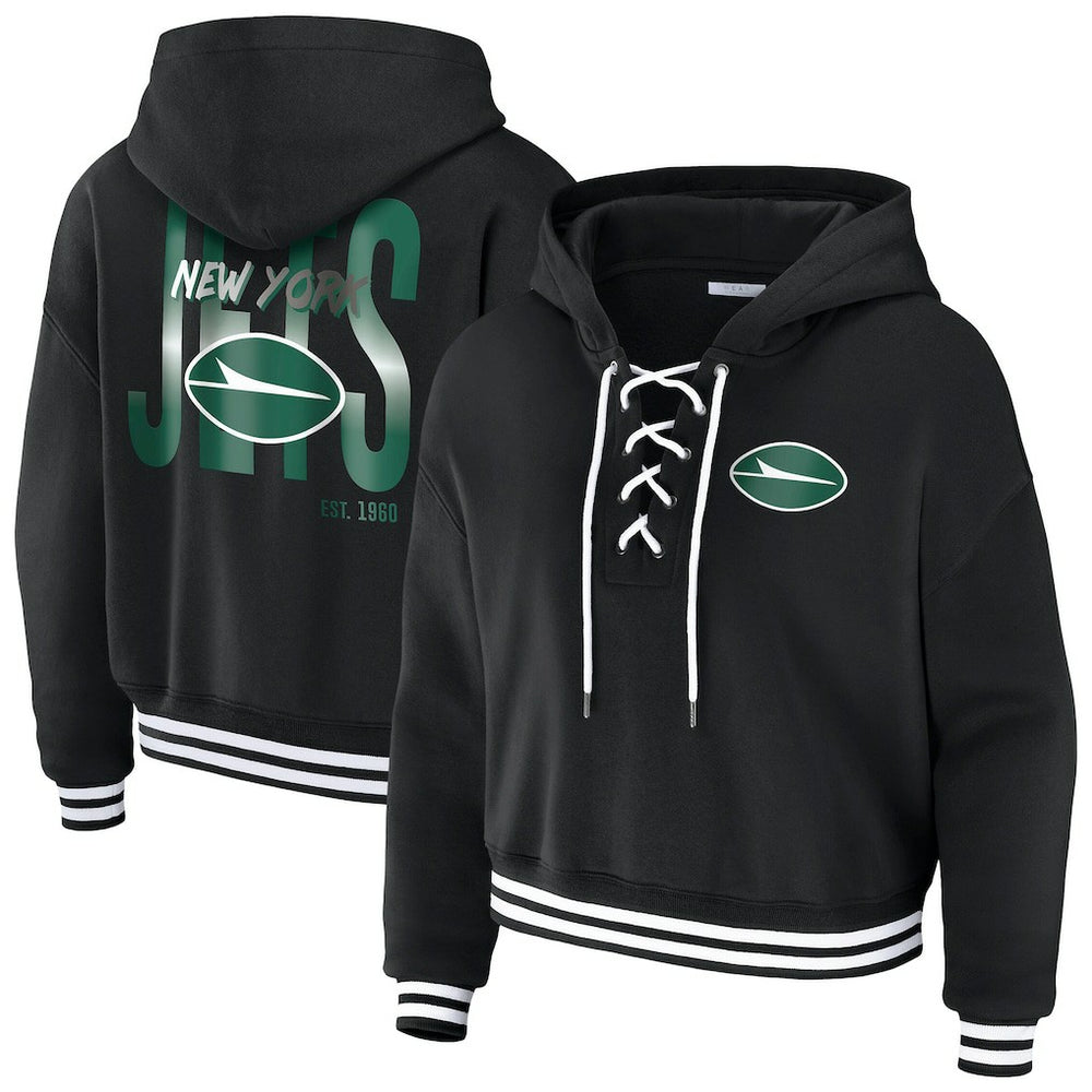 New York Jets WEAR by Erin Andrews Women's Lace-Up Fleece Hoodie Black - NFL