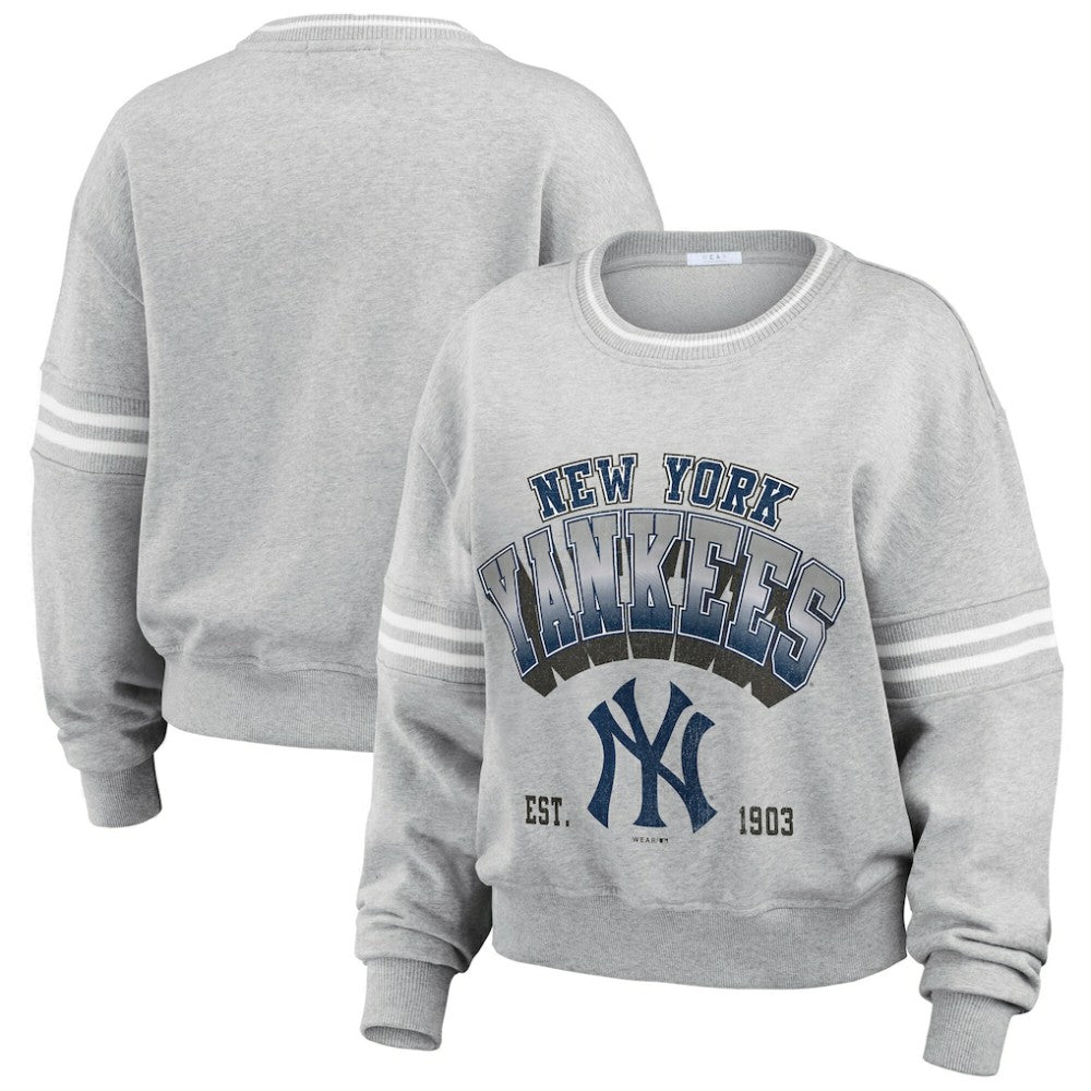New York Yankees WEAR by Erin Andrews Women's Sleeve Stripe Fleece Crewneck Sweatshirt Clearance