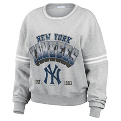 New York Yankees WEAR by Erin Andrews Women's Sleeve Stripe Fleece Crewneck Sweatshirt Clearance