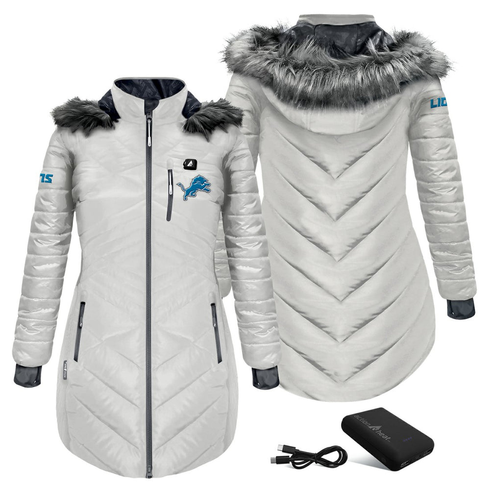 Detroit Lions ActionHeat Women's 5V Battery Heated Long Puffer Full-Zip Hoodie Jacket White - NFL