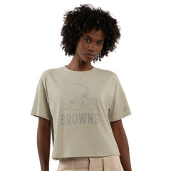 Cleveland Browns Starter Women's Rhinestone Sprinkle Boxy Cropped T-Shirt Khaki - NFL