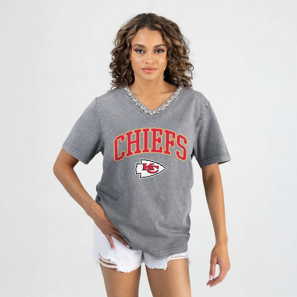 Kansas City Chiefs Gameday Couture Women's Relaxed Iconic Edge Rhinestone V-Neck T-Shirt Gray - NFL