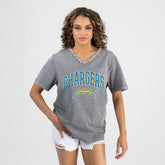 Los Angeles Chargers Gameday Couture Women's Relaxed Iconic Edge Rhinestone V-Neck T-Shirt Gray - NFL