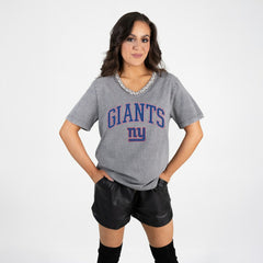 New York Giants Gameday Couture Women's Relaxed Iconic Edge Rhinestone V-Neck T-Shirt Gray - NFL