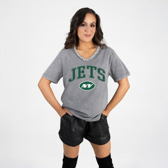 New York Jets Gameday Couture Women's Relaxed Iconic Edge Rhinestone V-Neck T-Shirt Gray - NFL