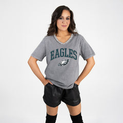 Philadelphia Eagles Gameday Couture Women's Relaxed Iconic Edge Rhinestone V-Neck T-Shirt Gray - NFL