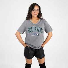 Seattle Seahawks Gameday Couture Women's Relaxed Iconic Edge Rhinestone V-Neck T-Shirt Gray - NFL