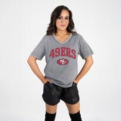 San Francisco 49ers Gameday Couture Women's Relaxed Iconic Edge Rhinestone V-Neck T-Shirt Gray - NFL