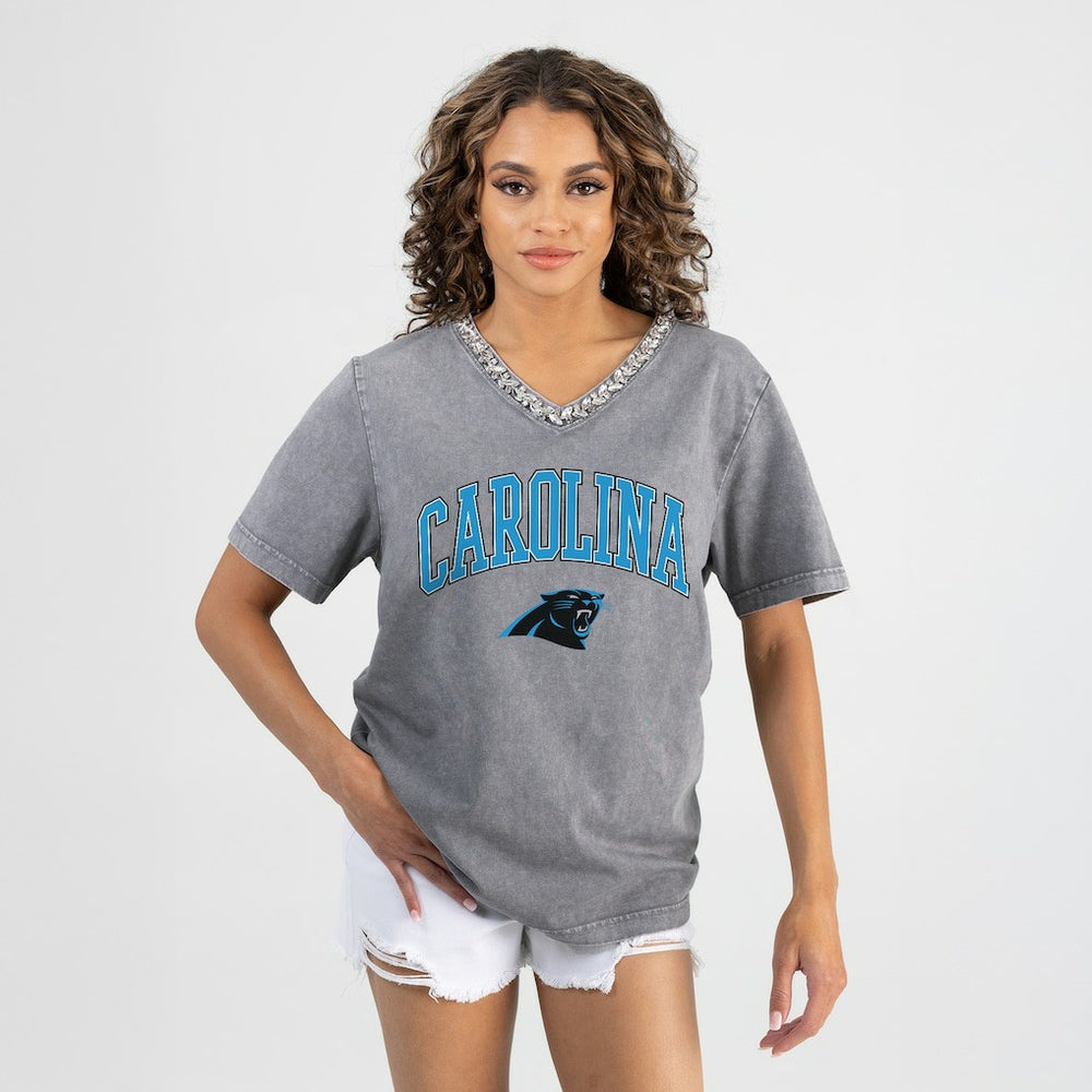 Carolina Panthers Gameday Couture Women's Relaxed Iconic Edge Rhinestone V-Neck T-Shirt Gray - NFL