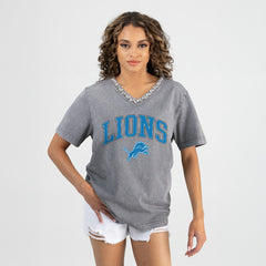 Detroit Lions Gameday Couture Women's Relaxed Iconic Edge Rhinestone V-Neck T-Shirt Gray - NFL