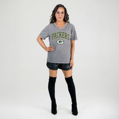 Green Bay Packers Gameday Couture Women's Relaxed Iconic Edge Rhinestone V-Neck T-Shirt Gray - NFL