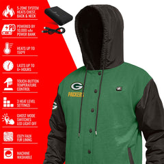 Green Bay Packers ActionHeat 5V Battery Heated Full-Snap Varsity Jacket Green/Black - NFL