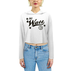 T.J. Watt Pittsburgh Steelers Majestic Threads Women's Glitter Wordmark Hoodie White - NFL