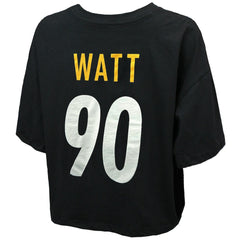 T.J. Watt Pittsburgh Steelers Majestic Threads Women's Swarovski Crystals Boxy Cropped Name & Number T-Shirt Black - NFL