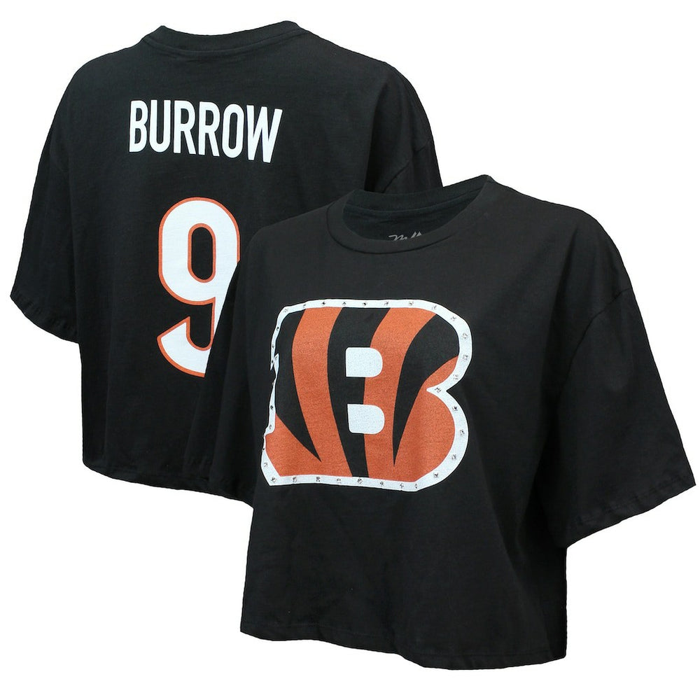 Joe Burrow Cincinnati Bengals Majestic Threads Women's Swarovski Crystals Boxy Cropped Name & Number T-Shirt Black - NFL