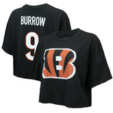 Joe Burrow Cincinnati Bengals Majestic Threads Women's Swarovski Crystals Boxy Cropped Name & Number T-Shirt Black - NFL