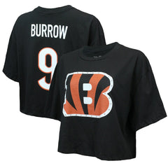Joe Burrow Cincinnati Bengals Majestic Threads Women's Swarovski Crystals Boxy Cropped Name & Number T-Shirt Black - NFL