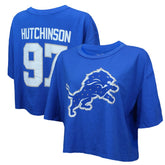 Aidan Hutchinson Detroit Lions Majestic Threads Women's Swarovski Crystals Boxy Cropped Name & Number T-Shirt Blue - NFL