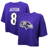 Lamar Jackson Baltimore Ravens Majestic Threads Women's Swarovski Crystals Boxy Cropped Name & Number T-Shirt Purple - NFL