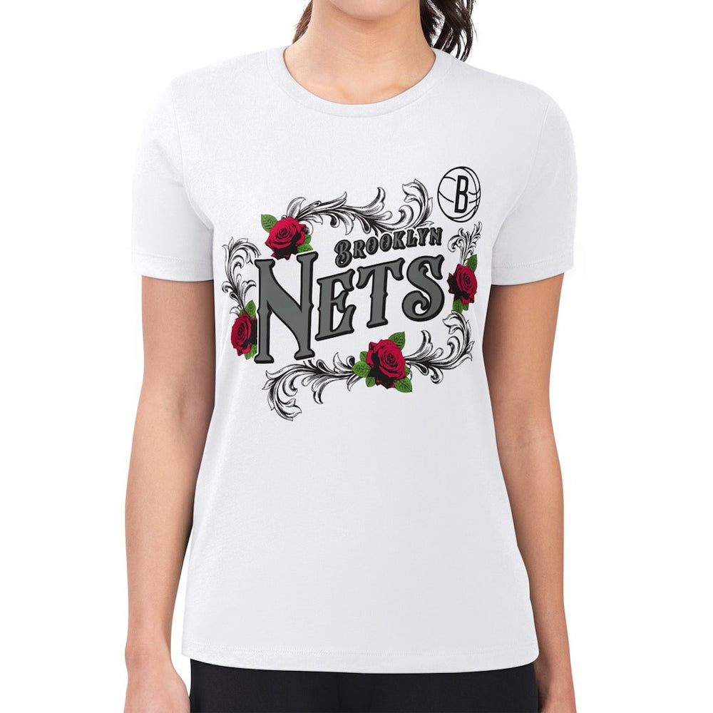 NBA - Brooklyn Nets G-III 4Her by Carl Banks Women's Super-Slim Fit Lightweight Roses Crew Neck T-Shirt - White
