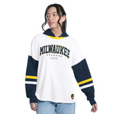 Milwaukee Brewers G-III 4Her by Carl Banks Women's Key Player Oversized Hooded Long Sleeve T-Shirt On Sale