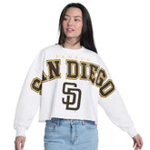 San Diego Padres G-III 4Her by Carl Banks Women's Bleachers Cropped Pullover Sweatshirt for sale