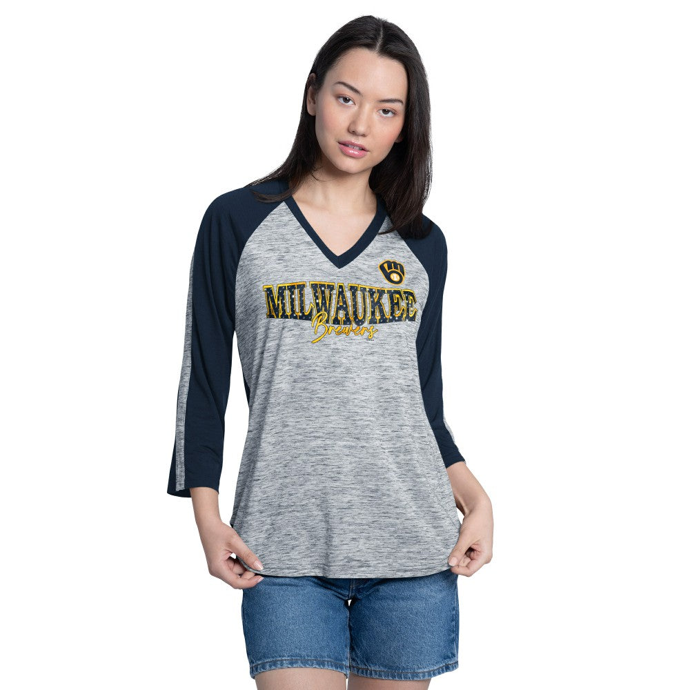 Milwaukee Brewers G-III 4Her by Carl Banks Women's Speed Training 3/4-Sleeve Rhinestone V-Neck T-Shirt for sale