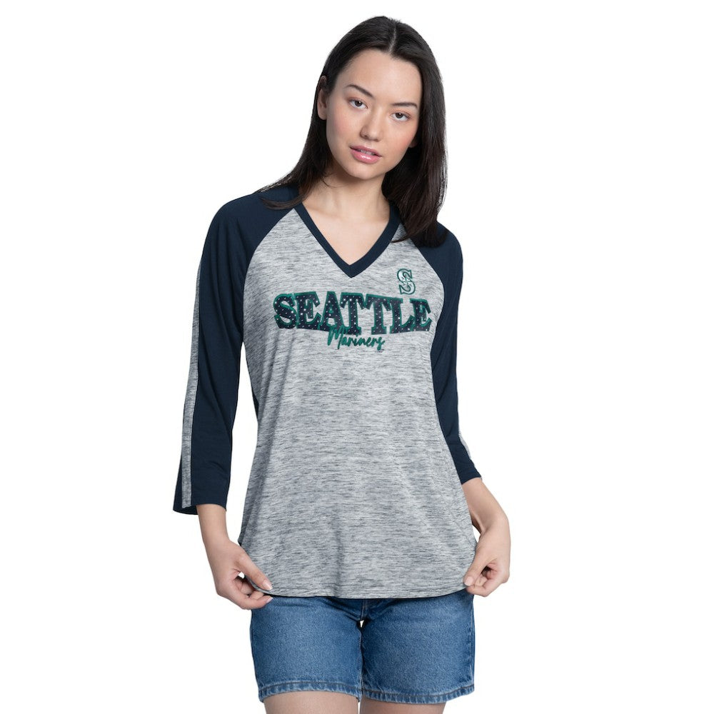 Seattle Mariners G-III 4Her by Carl Banks Women's Speed Training 3/4-Sleeve Rhinestone V-Neck T-Shirt Lifestyle
