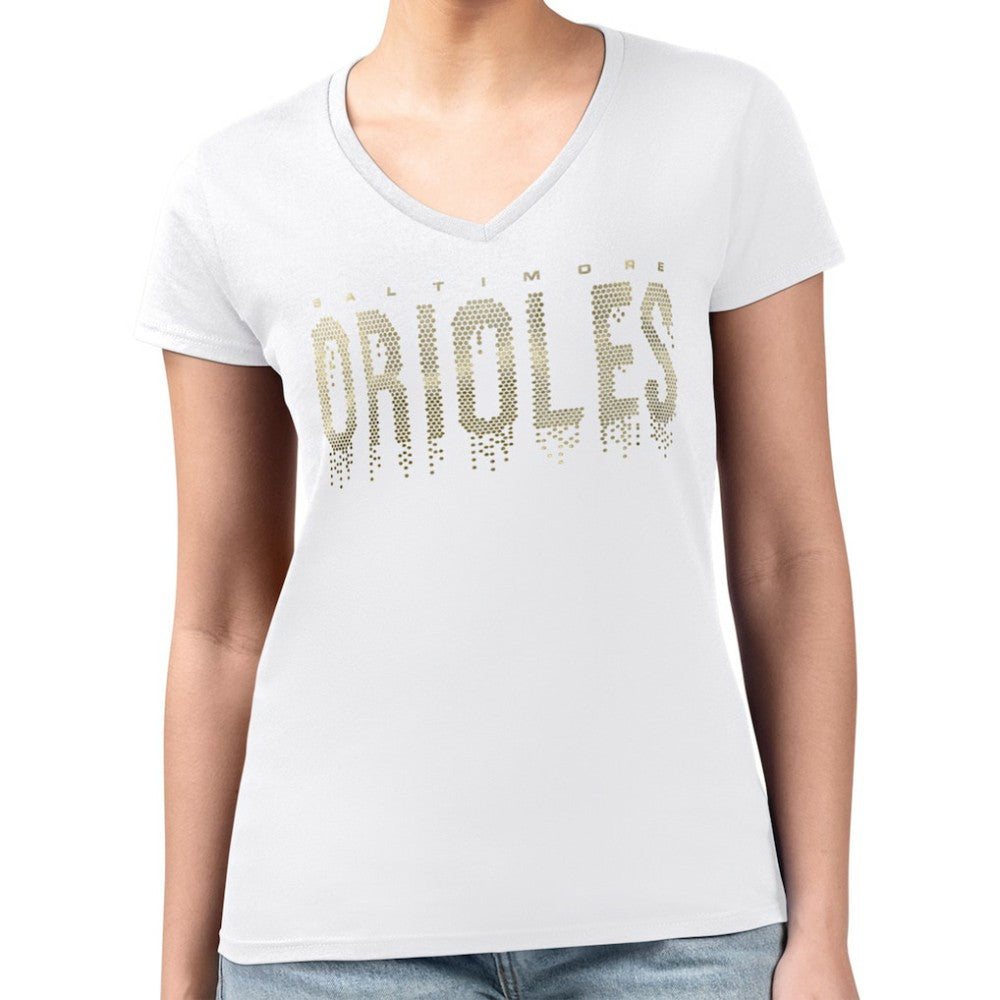 Baltimore Orioles G-III 4Her by Carl Banks Women's Metallic Drop Lightweight V-Neck T-Shirt Clearance