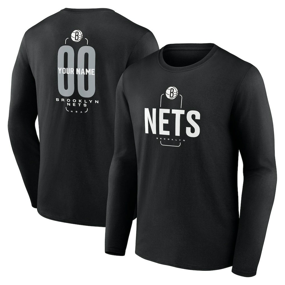 NBA - Brooklyn Nets Center Court Name & Number Custom Long Sleeve T-Shirt - Black