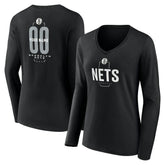 NBA - Brooklyn Nets Women's Center Court Name & Number Custom Long Sleeve V-Neck T-Shirt - Black