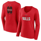 NBA - Chicago Bulls Women's Center Court Name & Number Custom Long Sleeve V-Neck T-Shirt - Red
