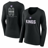 NBA - Sacramento Kings Women's Center Court Name & Number Custom Long Sleeve V-Neck T-Shirt - Black