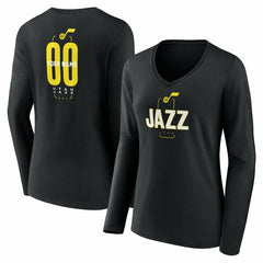 NBA - Utah Jazz Women's Center Court Name & Number Custom Long Sleeve V-Neck T-Shirt - Black