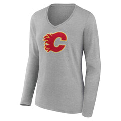 Calgary Flames - Women's Primary Logo Long Sleeve V-Neck T-Shirt Gray