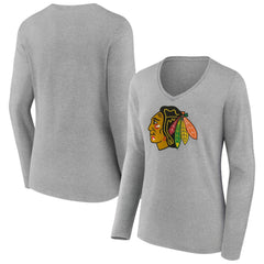 Chicago Blackhawks Women's Primary Logo Long Sleeve V-Neck T-Shirt Gray