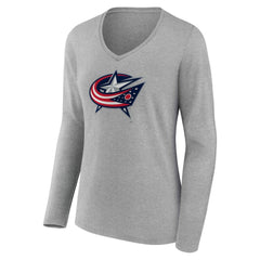 Columbus Blue Jackets - Women's Primary Logo Long Sleeve V-Neck T-Shirt Gray